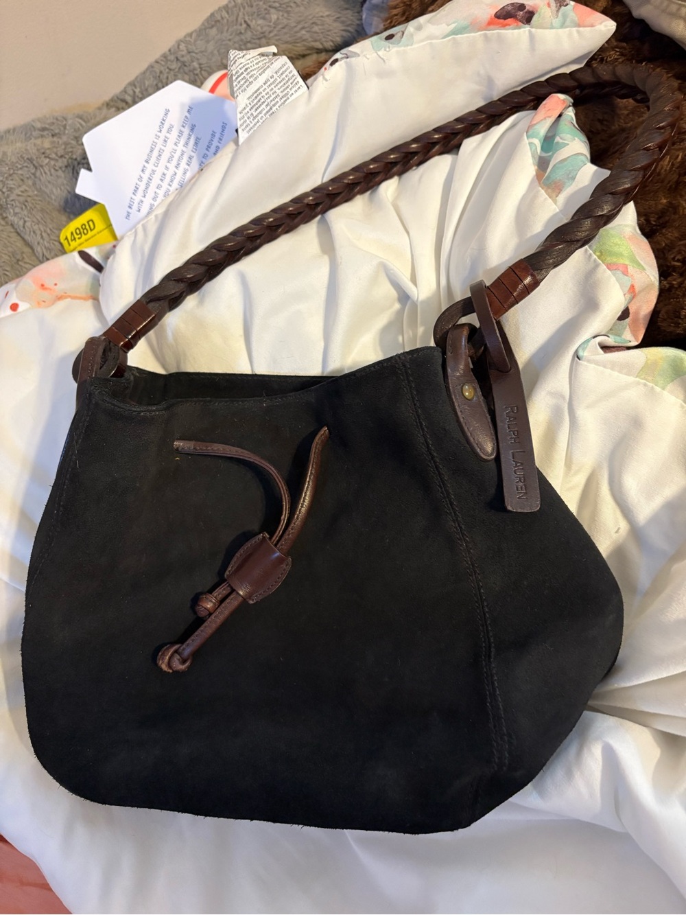 Ralph Lauren Black Suede Shoulder Bag with Brown Leather Trim- Vintage